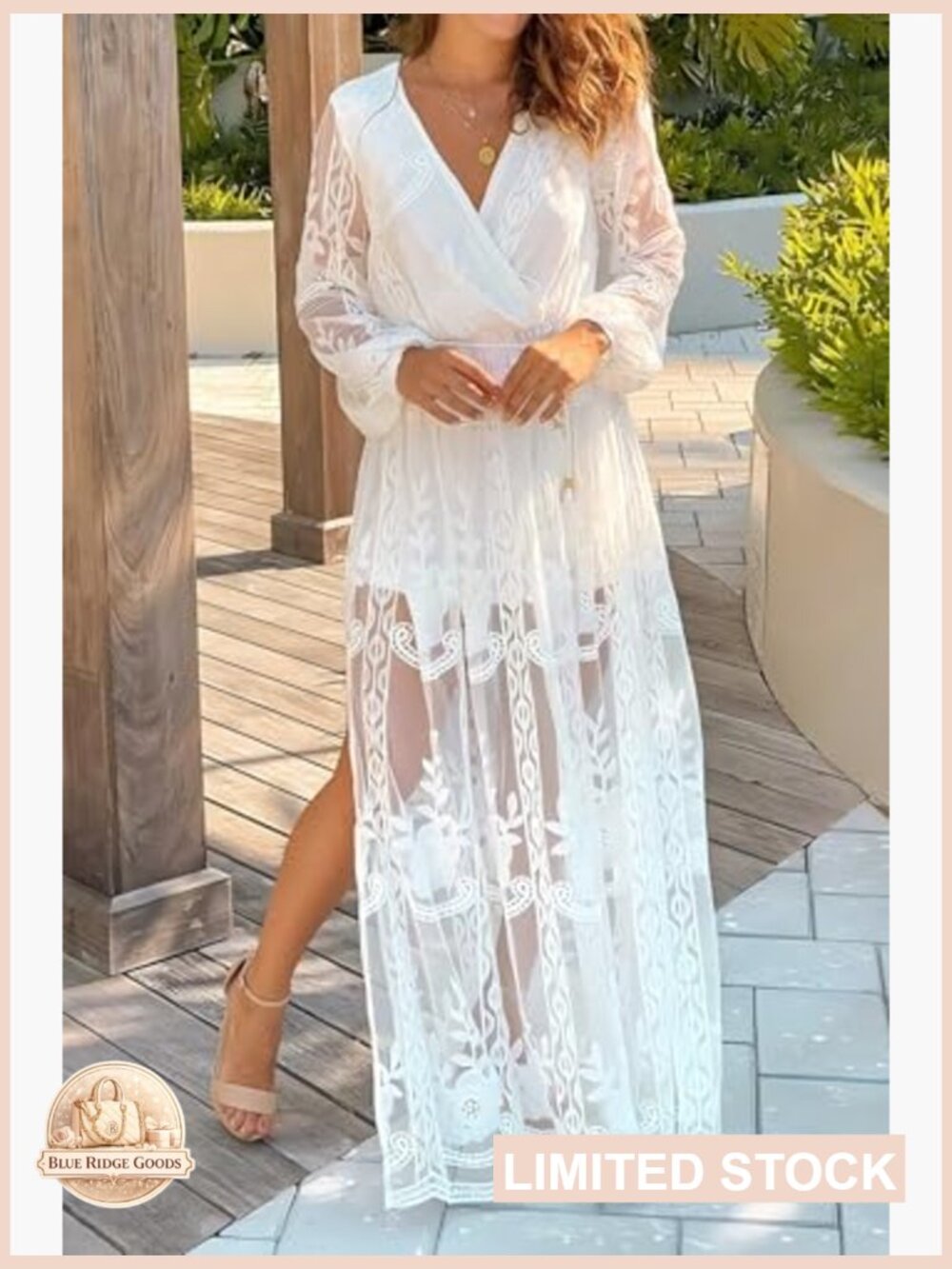 Womens V Neck Floral Embroidered Lace Maxi Dress Short Sleeve Slit Bridesmaid - Picture 2 of 5